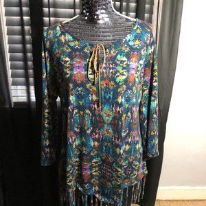 Isela L Multi-Color Abstract Pullover w/Fringe